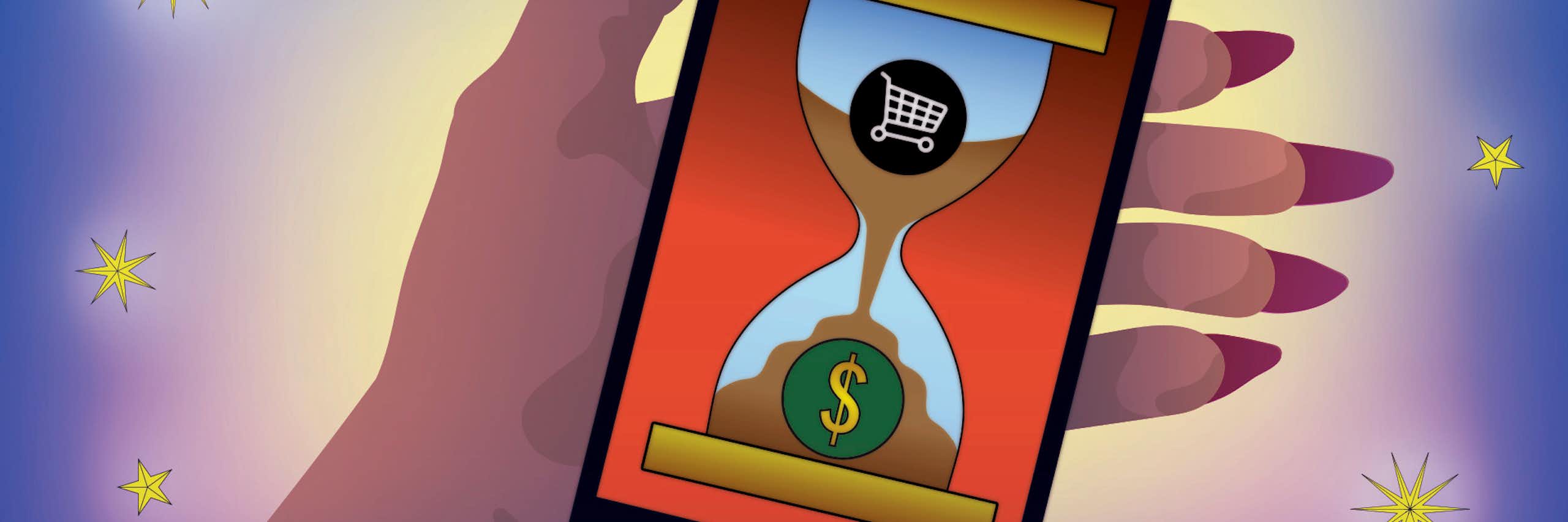 Illustration d'une main tenant un téléphone sur lequel figure l'image d'un sablier.