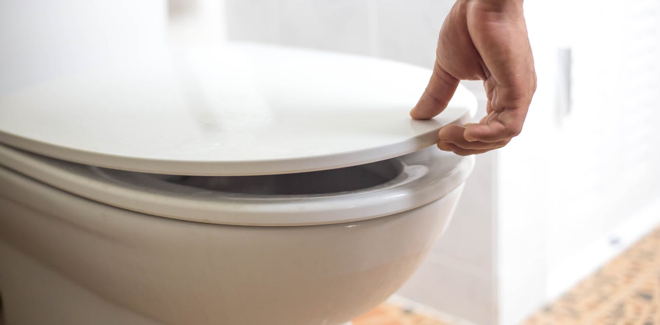 Ilustración que cuestiona la práctica de descargar el inodoro con la tapa levantada