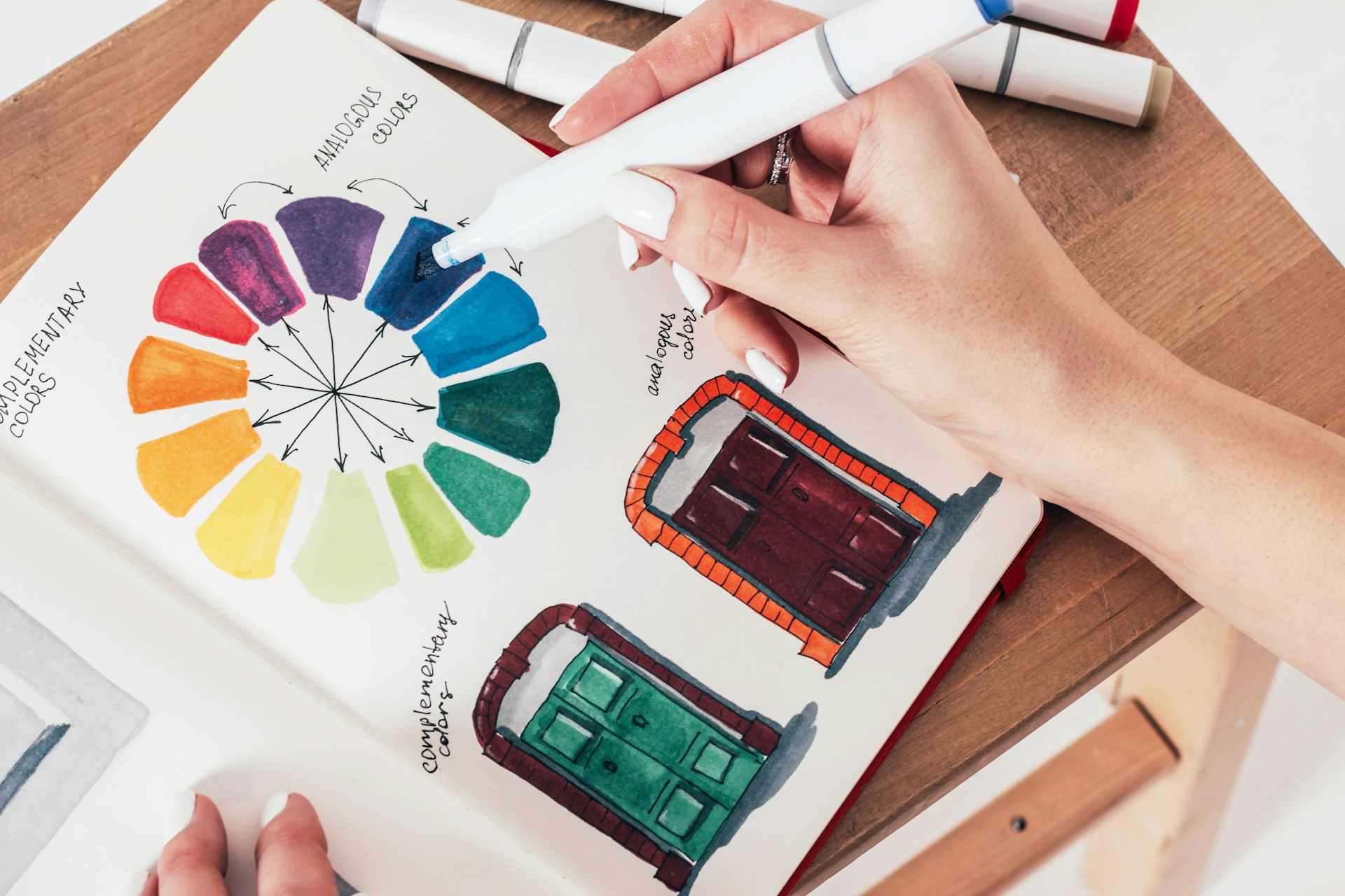 A hand-painted colour wheel with design notes and other interior sketches.