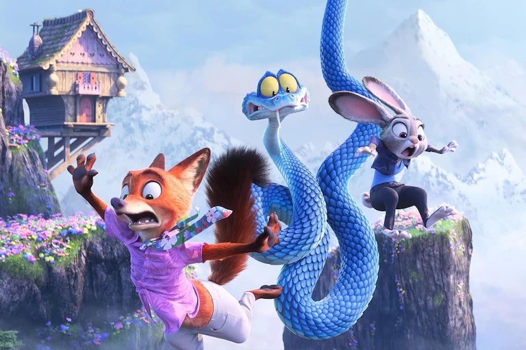 An animated scene with a red fox (left), a blue snake (centre) and smaller grey rabbit (right). All three characters are mid-air and look surprised, as though in a free fall.