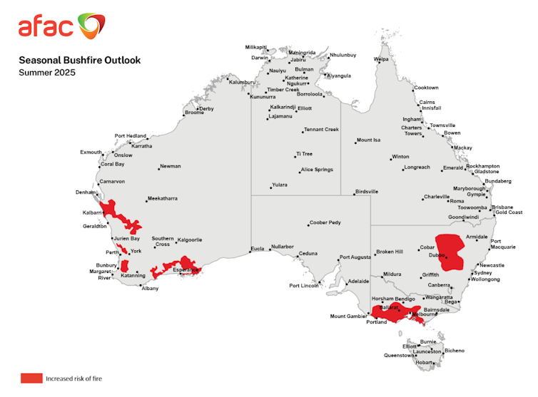 A map of Australia with bushfire prone areas highlighted in red.