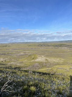 high view of treeless plains in remote Tasmania.