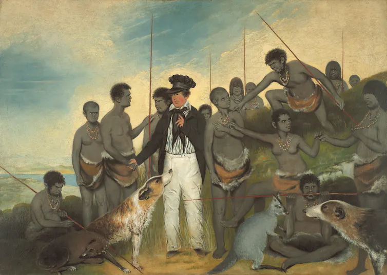 colonial man standing amid Tasmanian First Nations people.