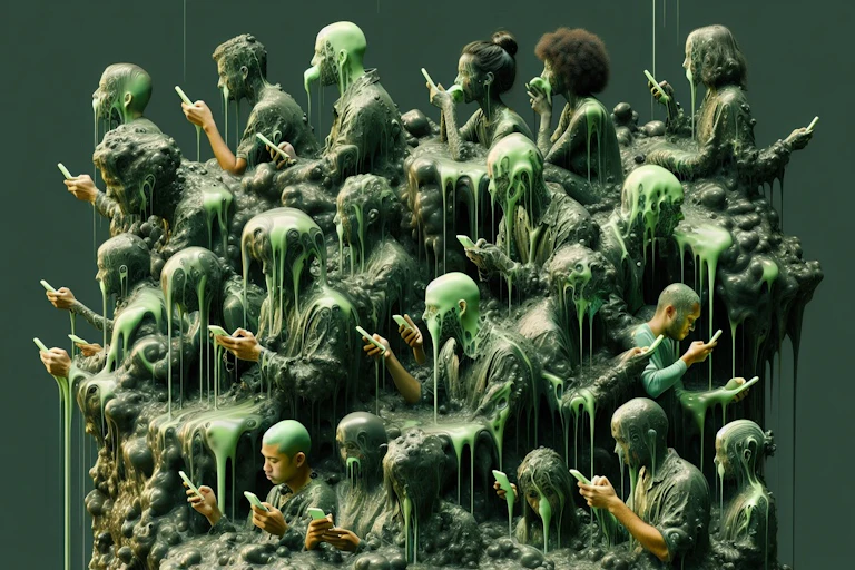 Image of a pile of people, dripping in and consuming green goo, all looking at their phones