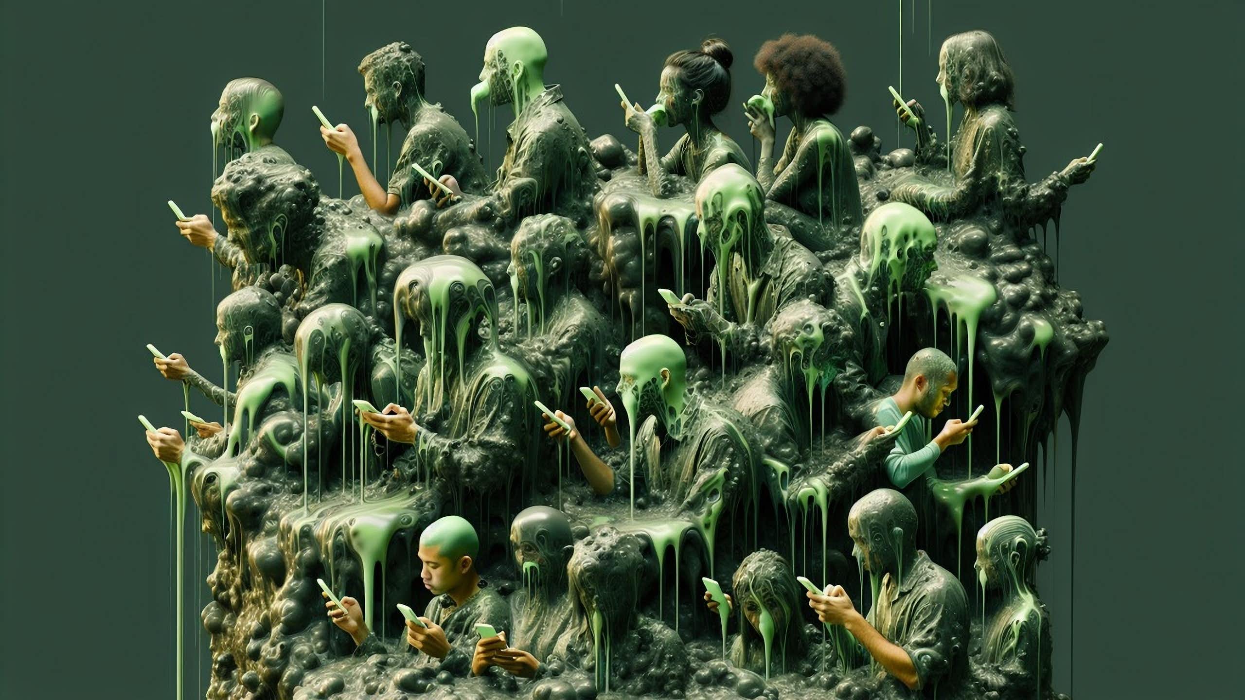 Image of a pile of people, dripping in and consuming green goo, all looking at their phones