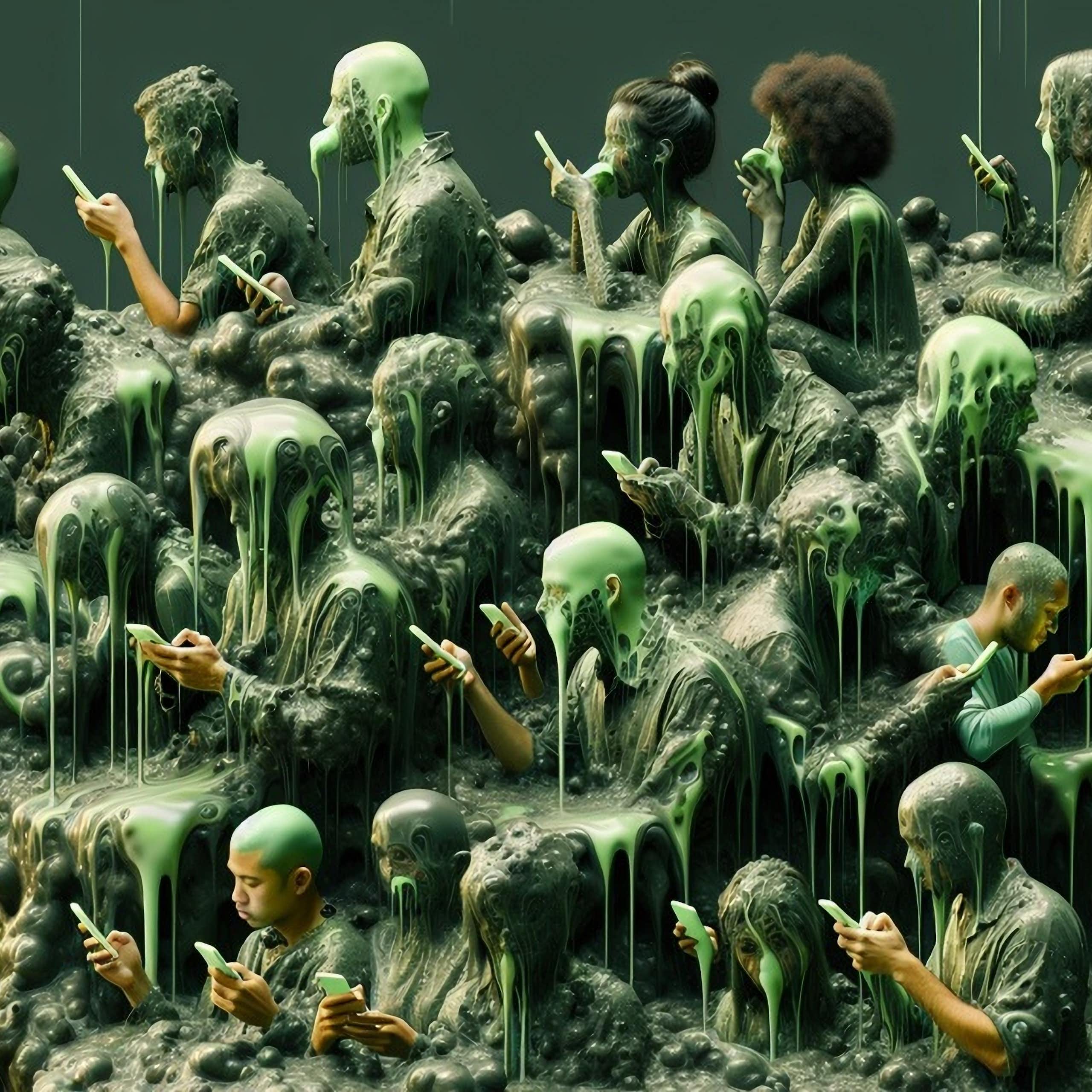 Image of a pile of people, dripping in and consuming green goo, all looking at their phones