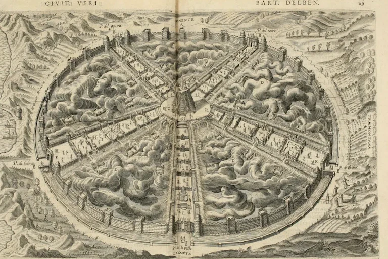 A black and white illustration of a fictional city.