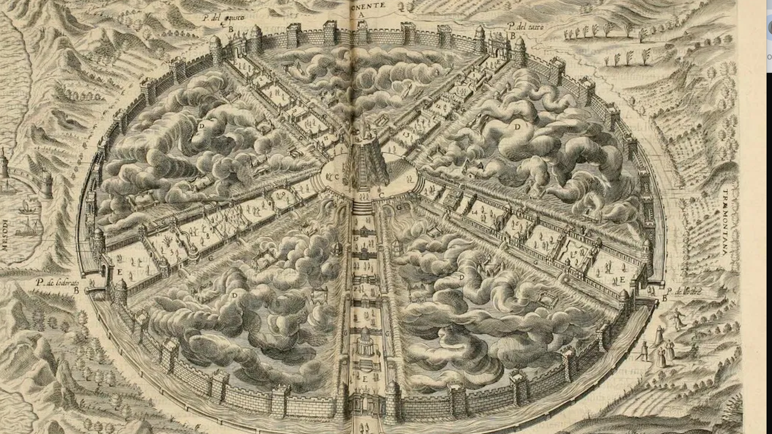 A black and white illustration of a fictional city.