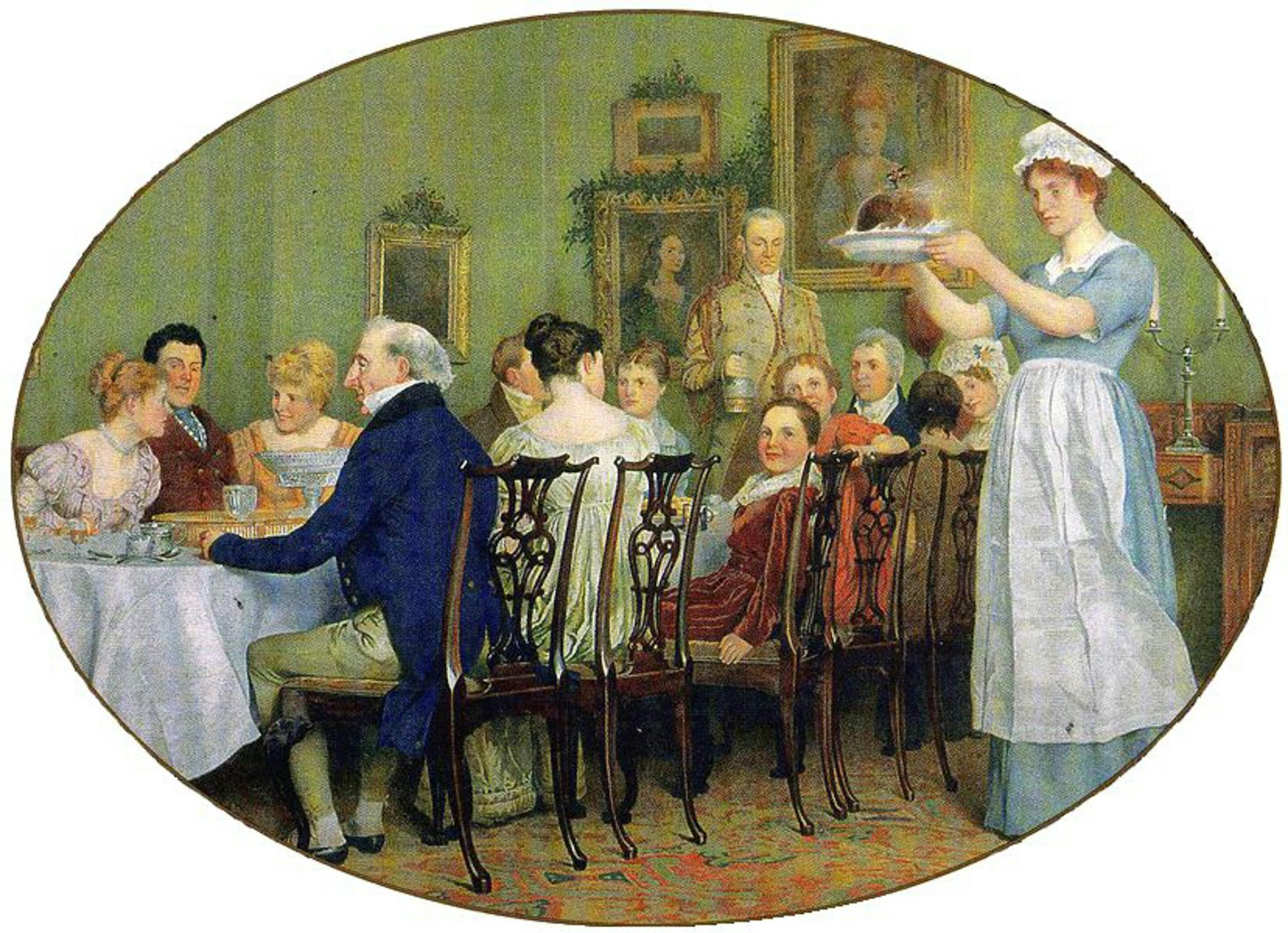 Painting of a regency family enjoying Christmas dinner 