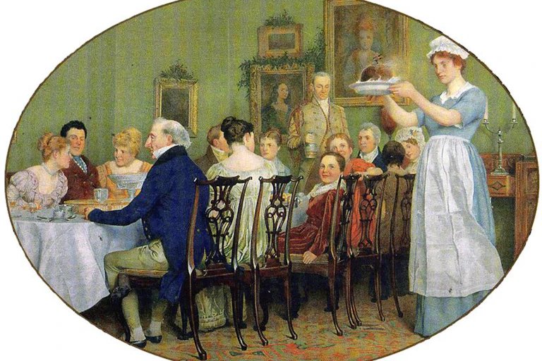 Painting of a regency family enjoying Christmas dinner