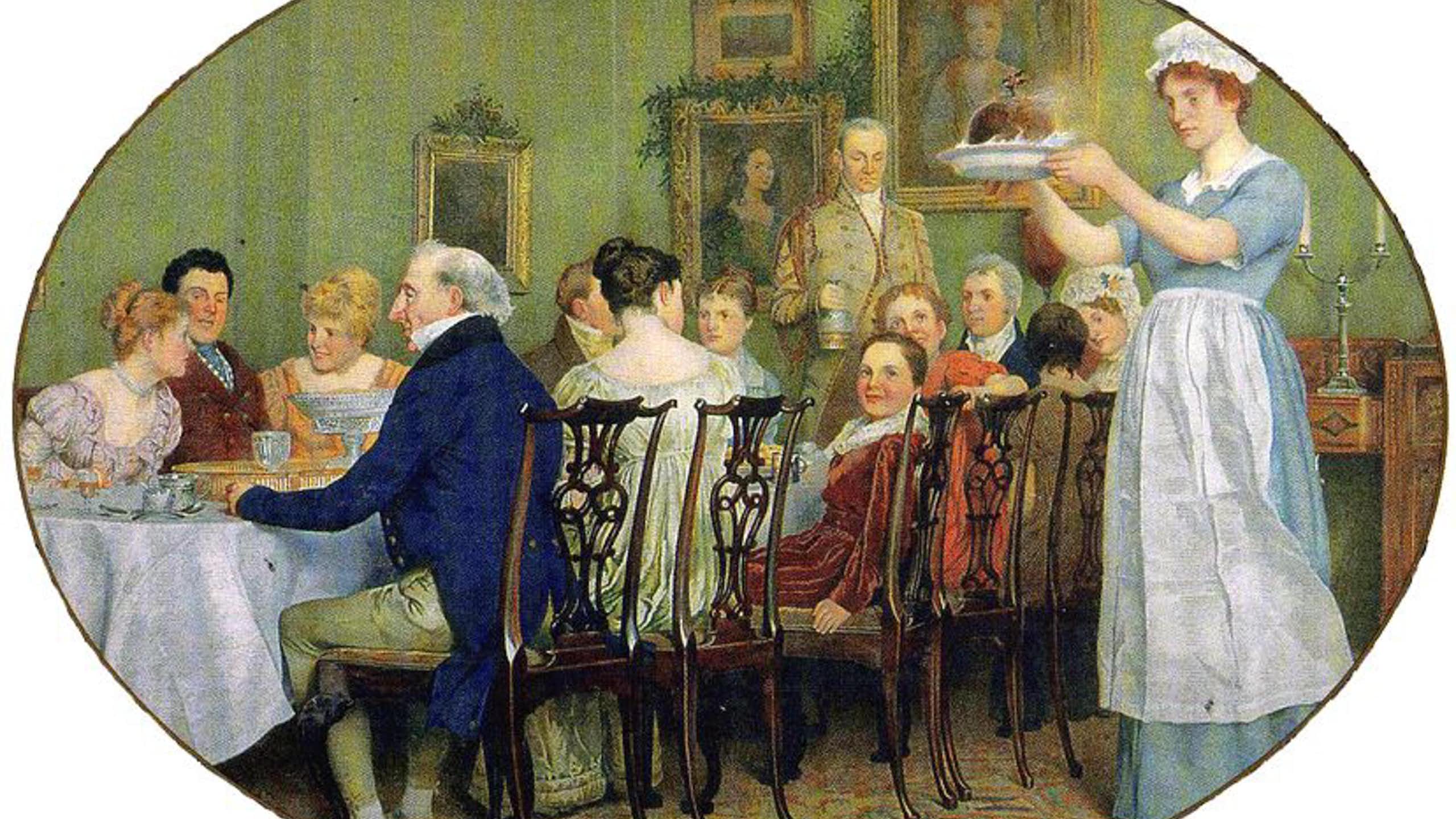 Painting of a regency family enjoying Christmas dinner