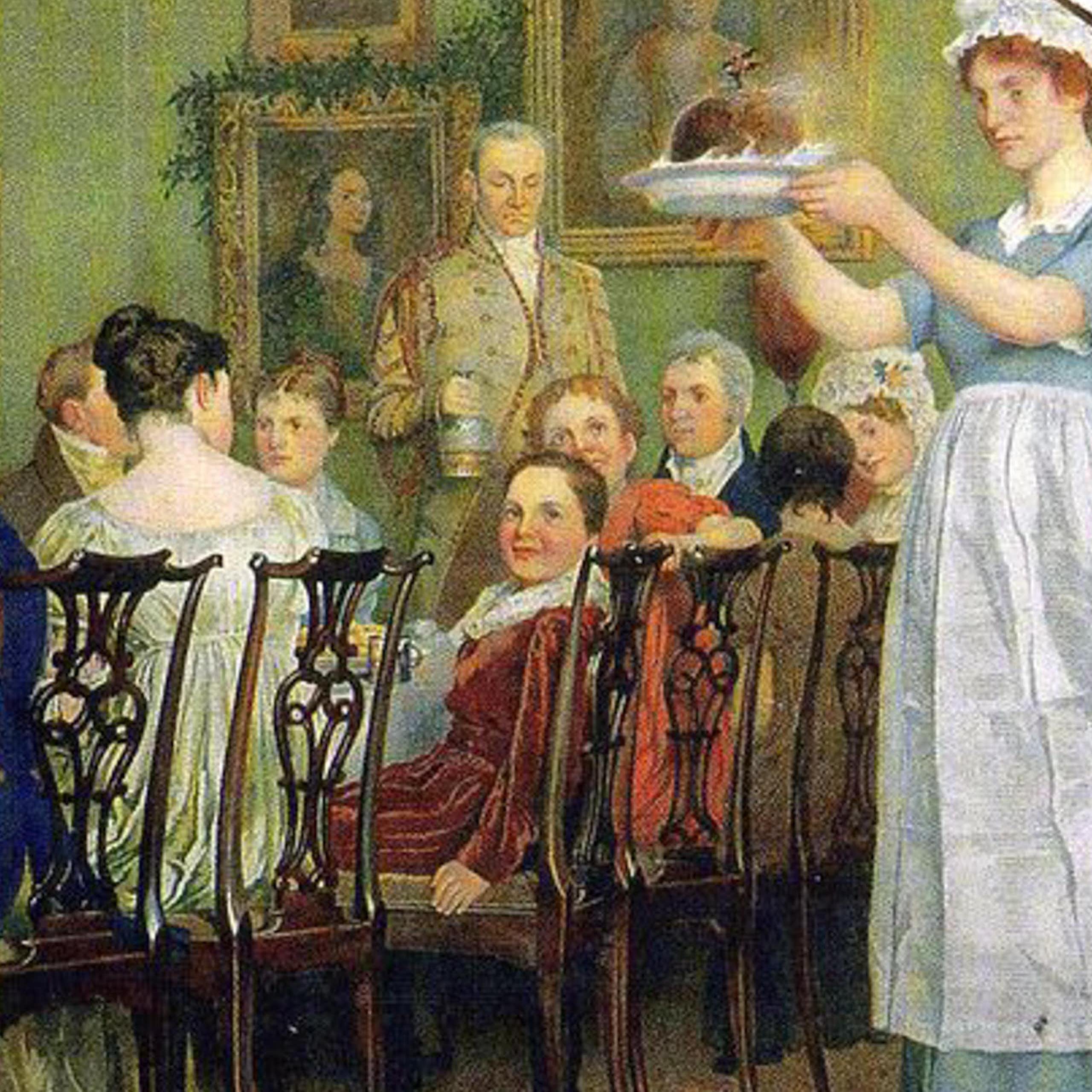 Painting of a regency family enjoying Christmas dinner