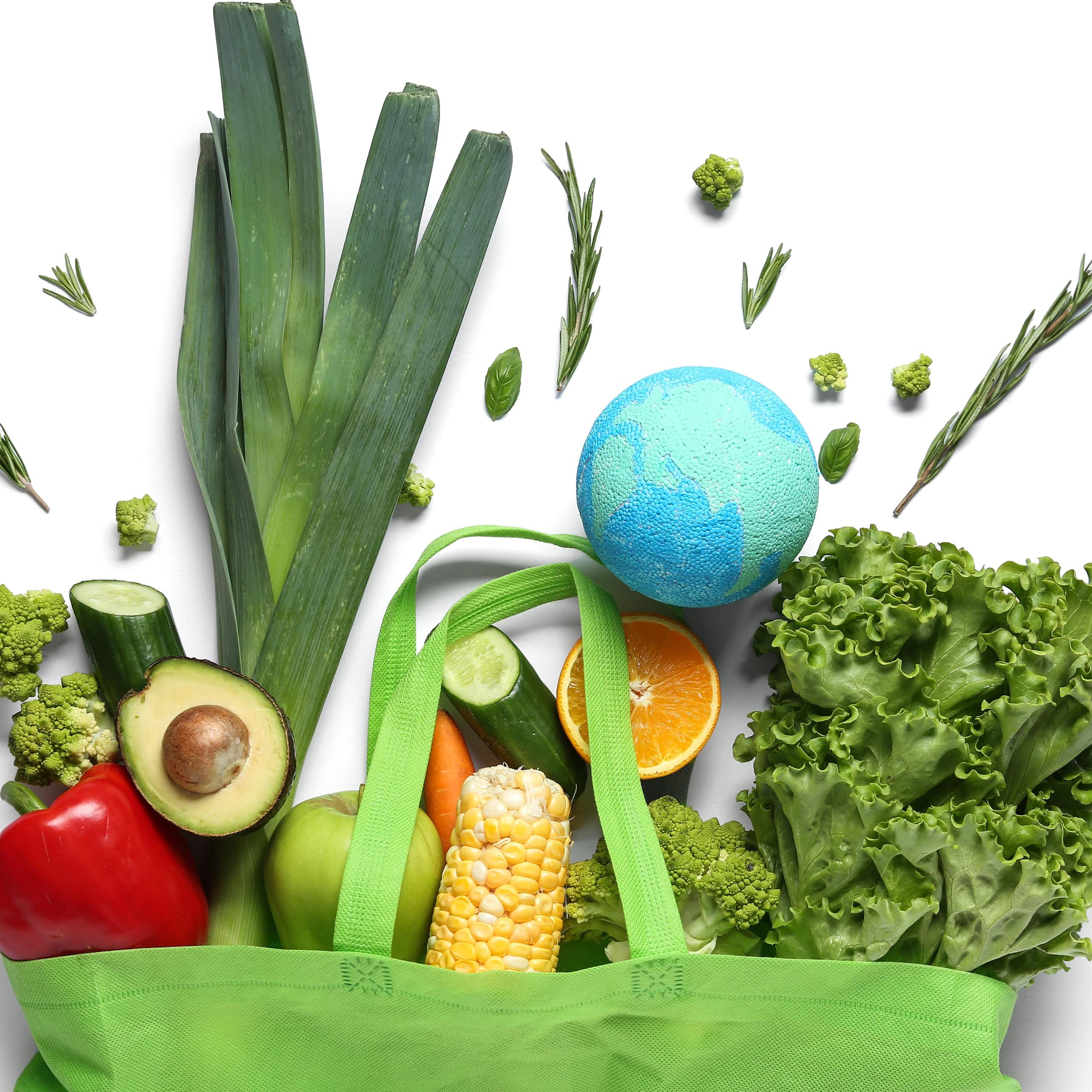 Verduras y una bola del mundo de poliestireno saliendo de una bolsa de tela de la compra verde