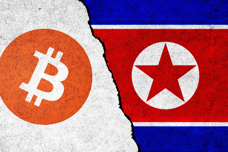 A mash-up of a North Korean flag and the bitcoin emblem.
