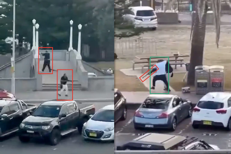 Three shots of the Bondi Beach shooters and the hero who tackled the gunman.
