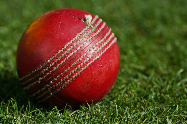 A close-up view of a red cricket ball on grass