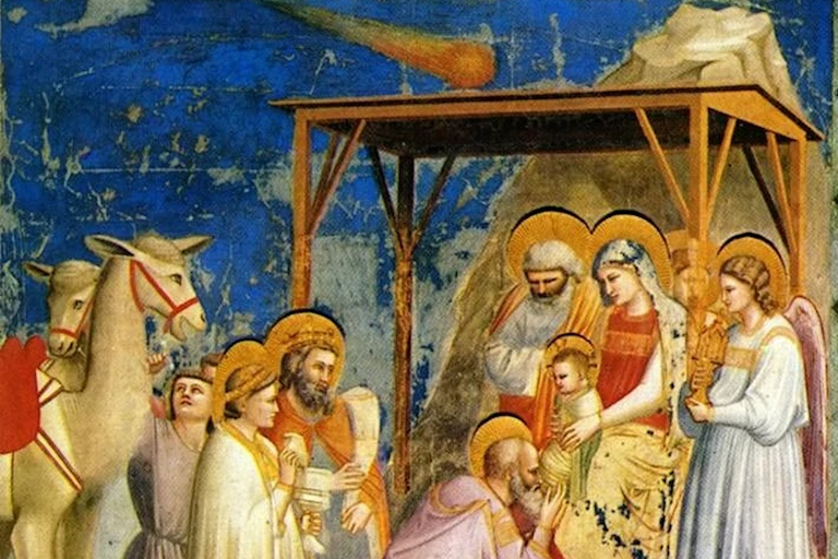 Painting of three wise men greeting the baby Jesus whilst a bright comet shines overhead.