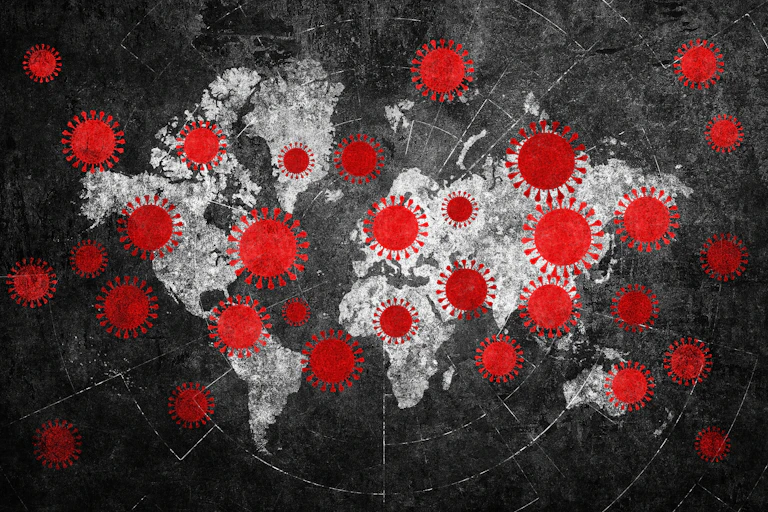 Illustration of COVID-19 viruses covering a world map