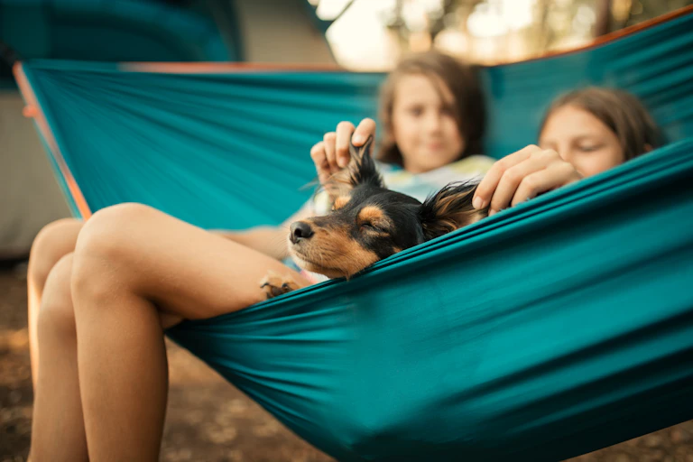 Two kids and a dog in a hammock.