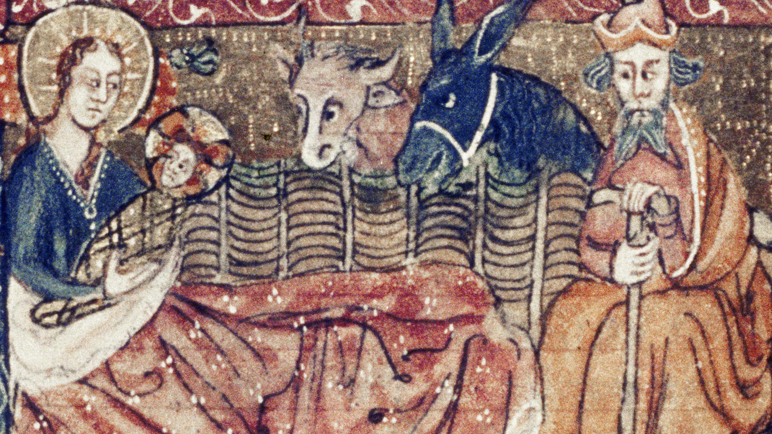 Une illustration datée d’environ 1400, montre le motif bien connu du bœuf et de l’âne veillant sur le nouveau-né Jésus.