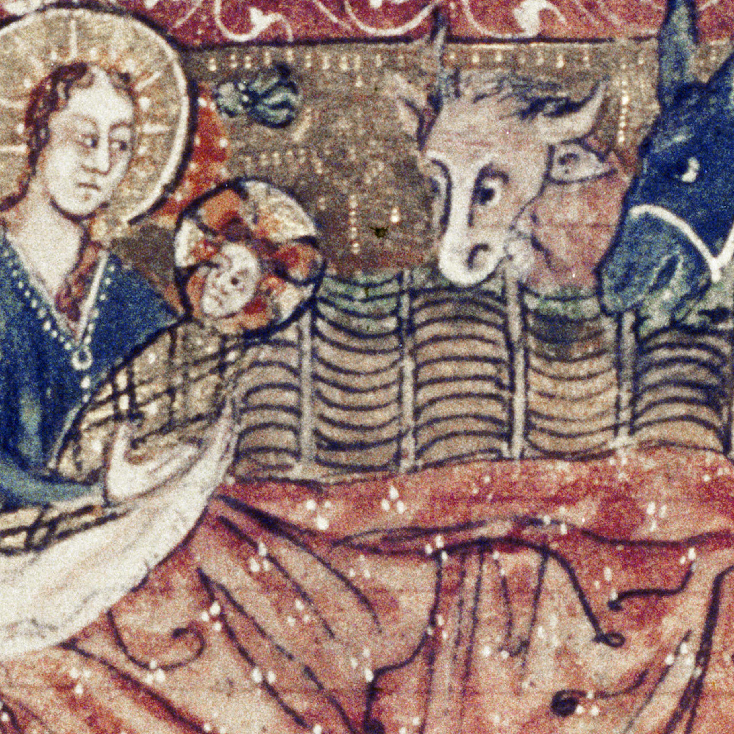 Une illustration datée d’environ 1400, montre le motif bien connu du bœuf et de l’âne veillant sur le nouveau-né Jésus.