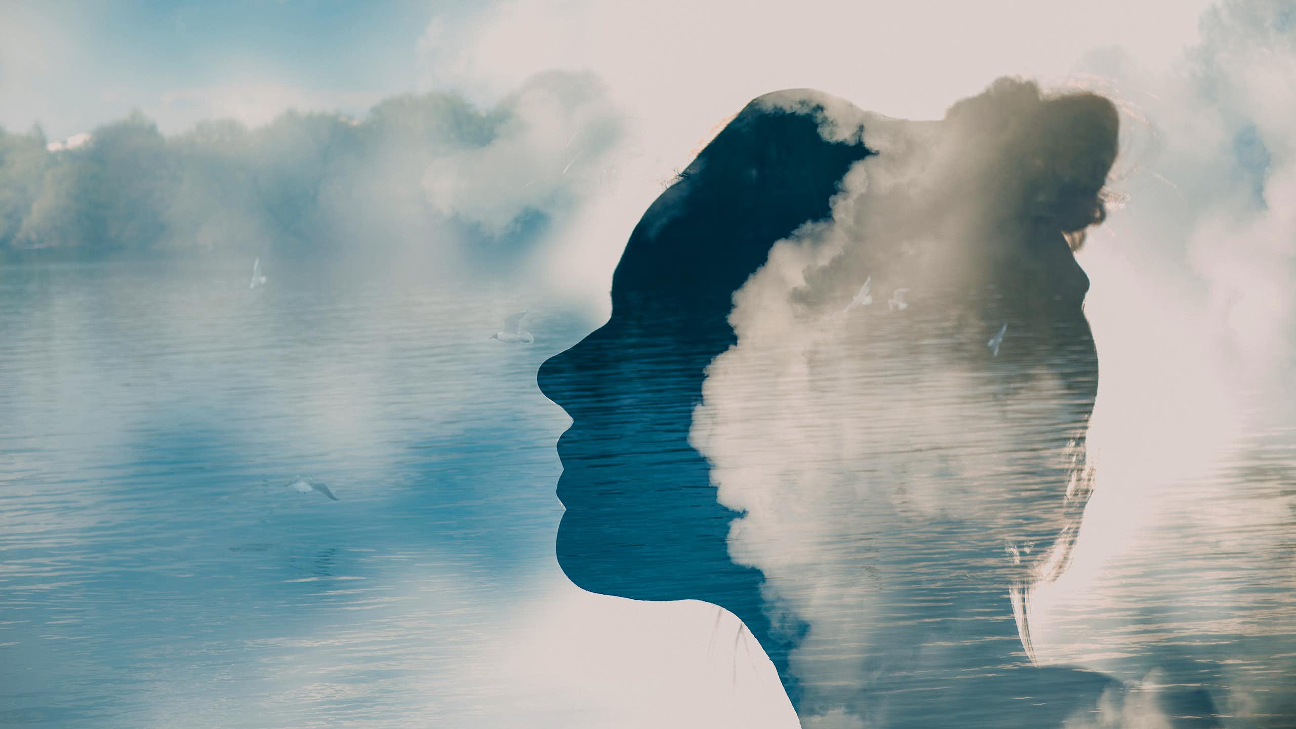 Abstract image of outline of woman's head over image of the ocean