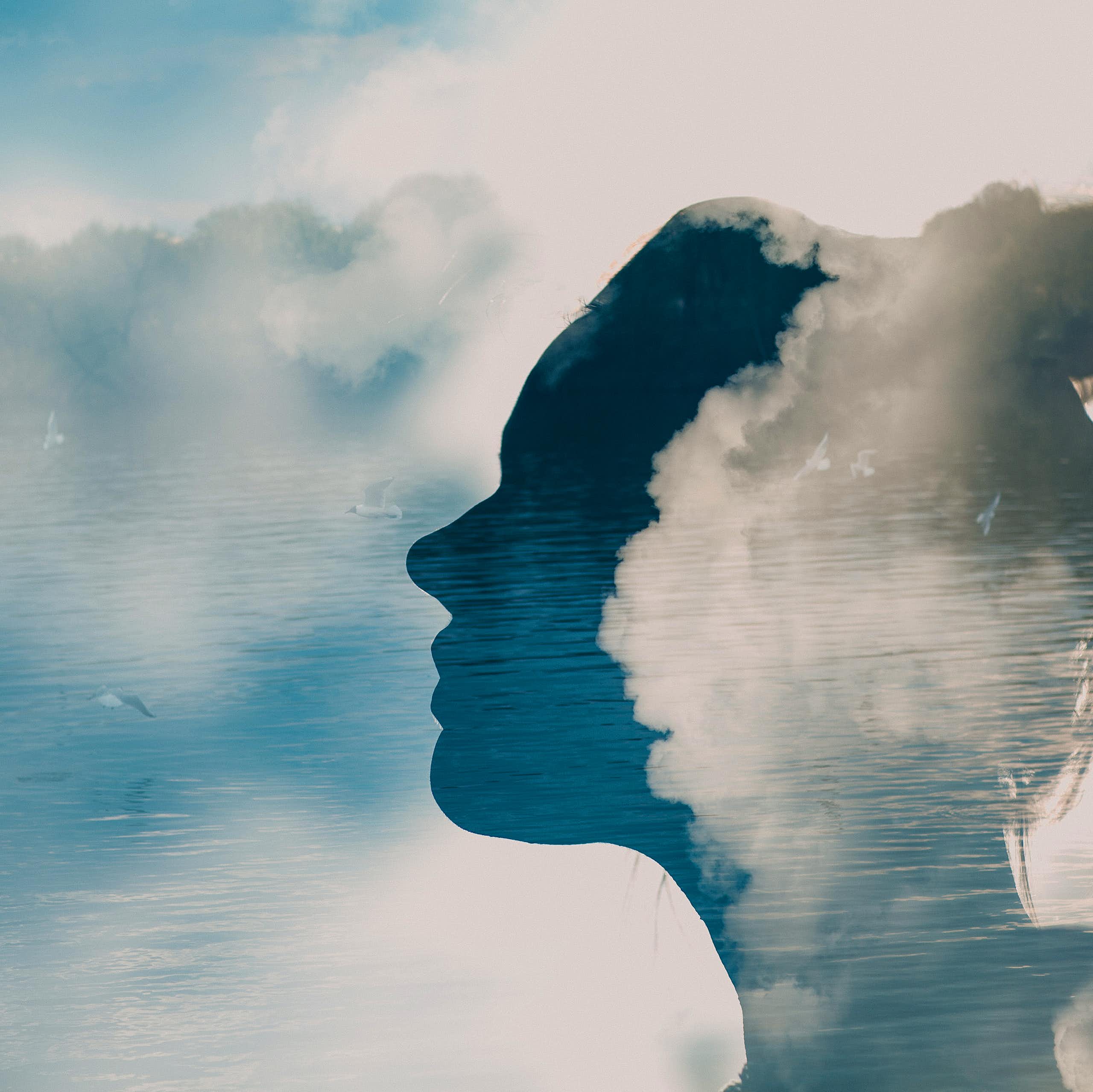 Abstract image of outline of woman's head over image of the ocean