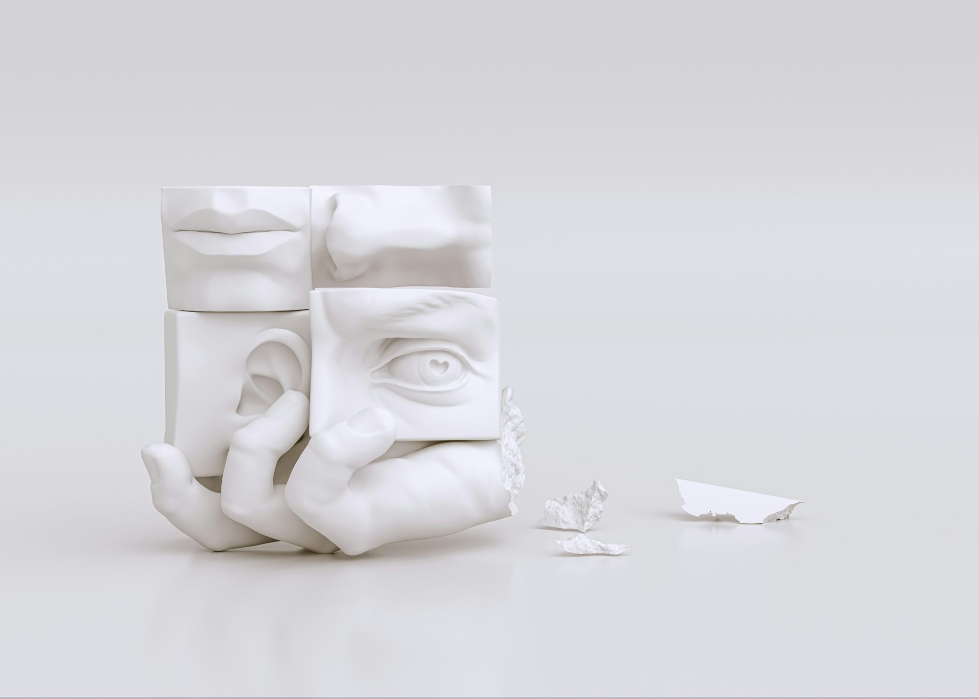 Five human senses concept: smell, touch, sight, taste, hearing. 3d rendering parts of face sense organs and hand of white sculpture