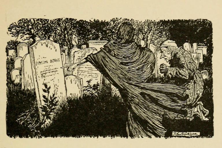 An early 20th-century illustration from A Christmas Carol showing a ghost showing Ebeneezer Scrooge his own grave.