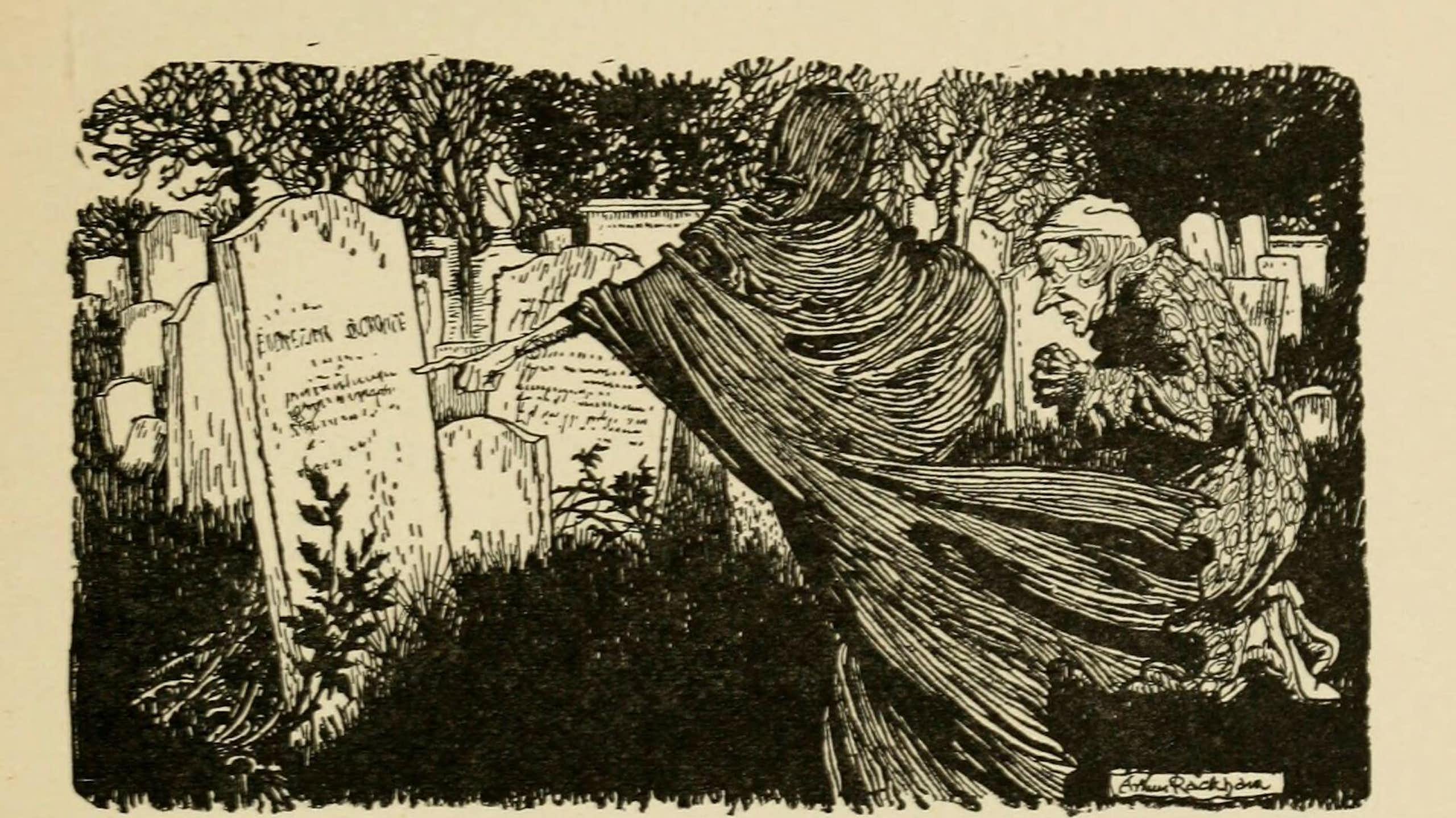 An early 20th-century illustration from A Christmas Carol showing a ghost showing Ebeneezer Scrooge his own grave.