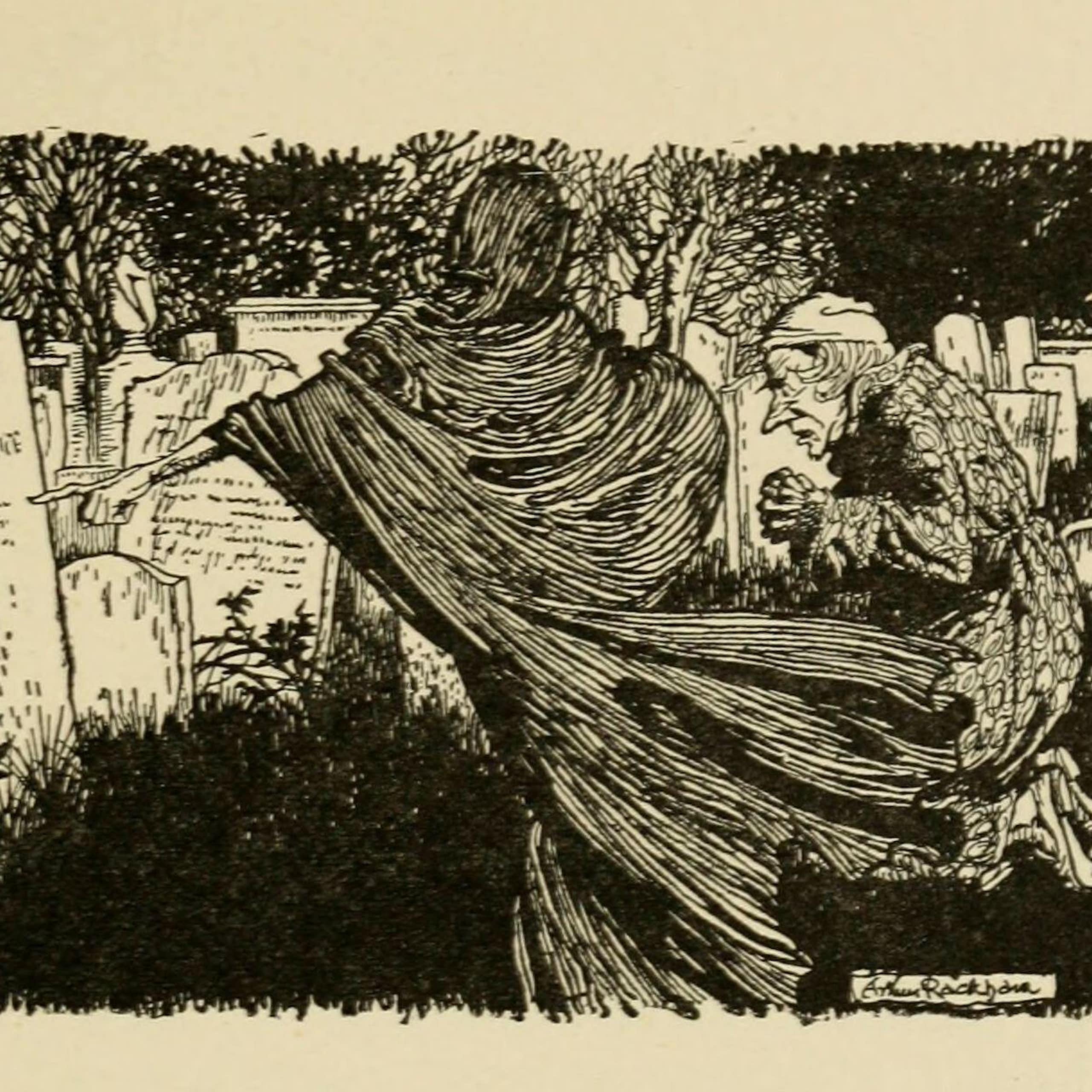 An early 20th-century illustration from A Christmas Carol showing a ghost showing Ebeneezer Scrooge his own grave.