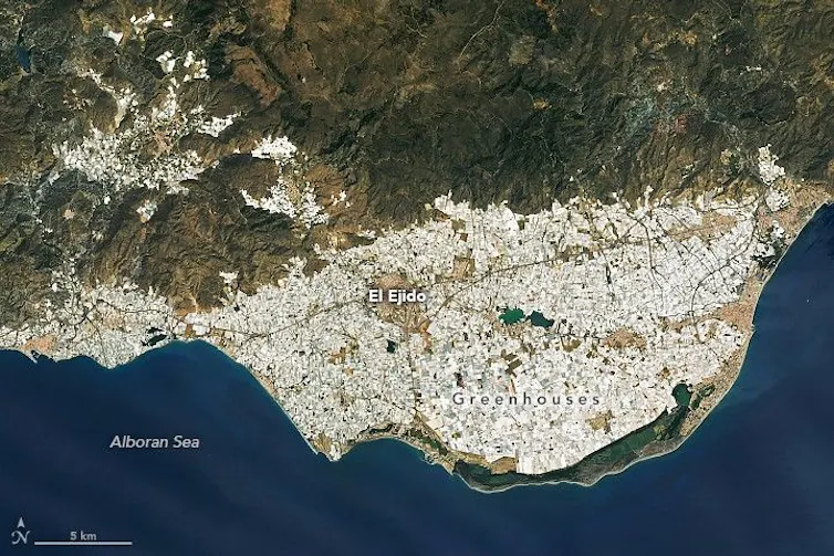Vista de una zona costera cubierta de pequeños polígonos blancos