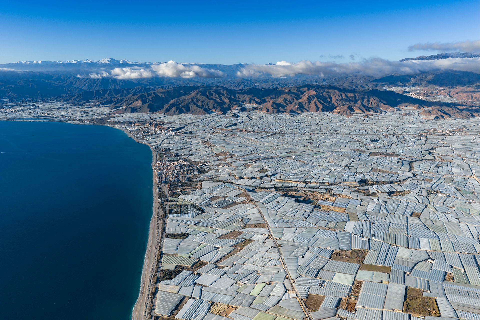Vista de invernaderos junto a la costa con una cordillera de fondo