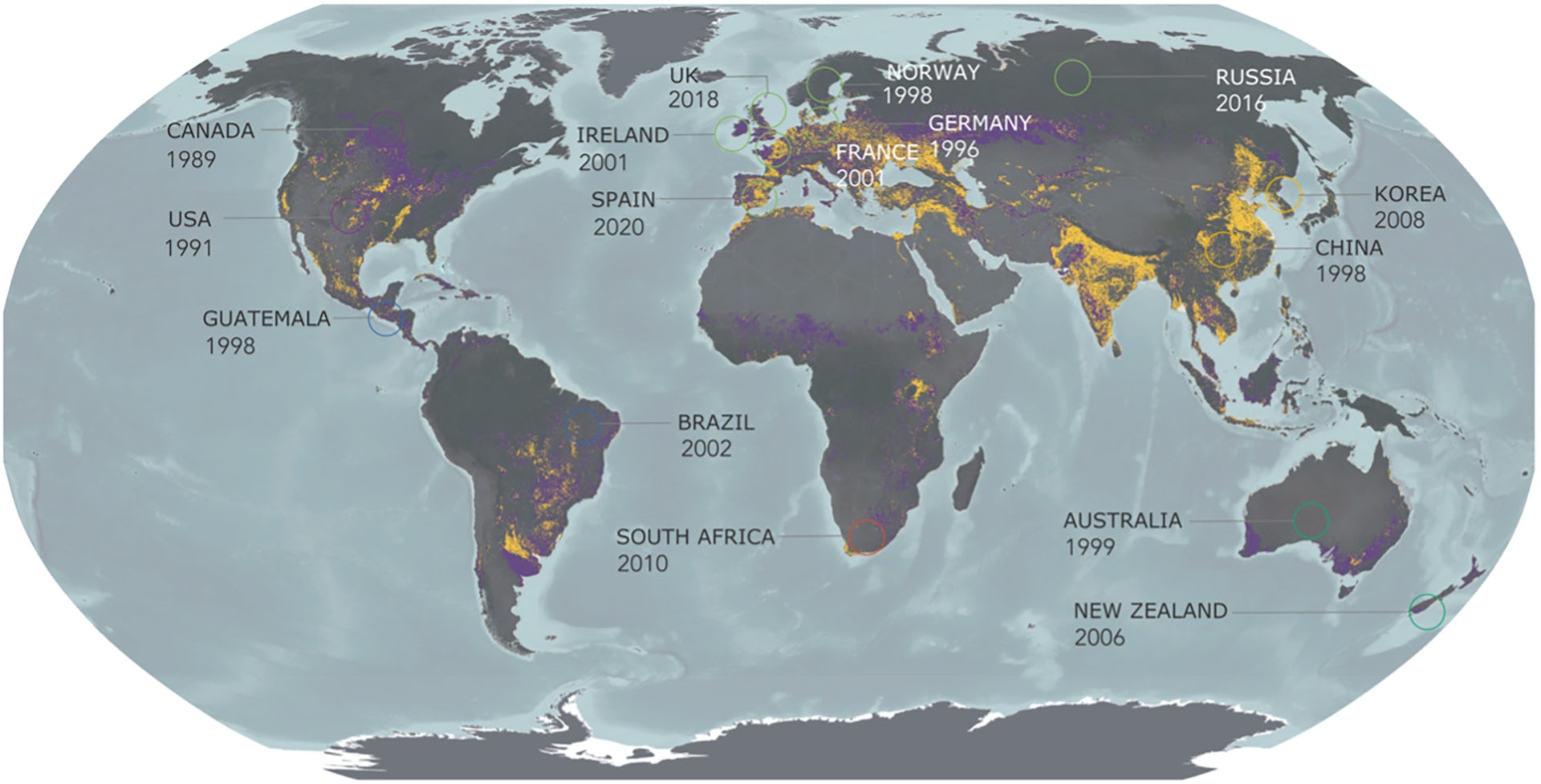 Map indicating some countries that have implemented agricultural waste management systems for recycling