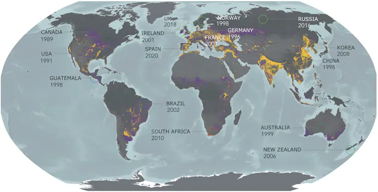 Mapa que marca algunos países que han puesto marcha sistemas de gestión de residuos agrícolas para su reciclaje