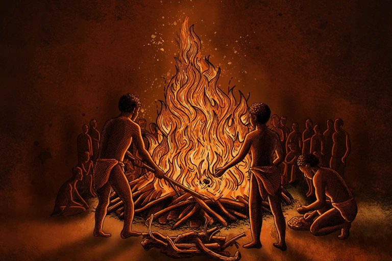 Drawing of people standing around a very large bonfire