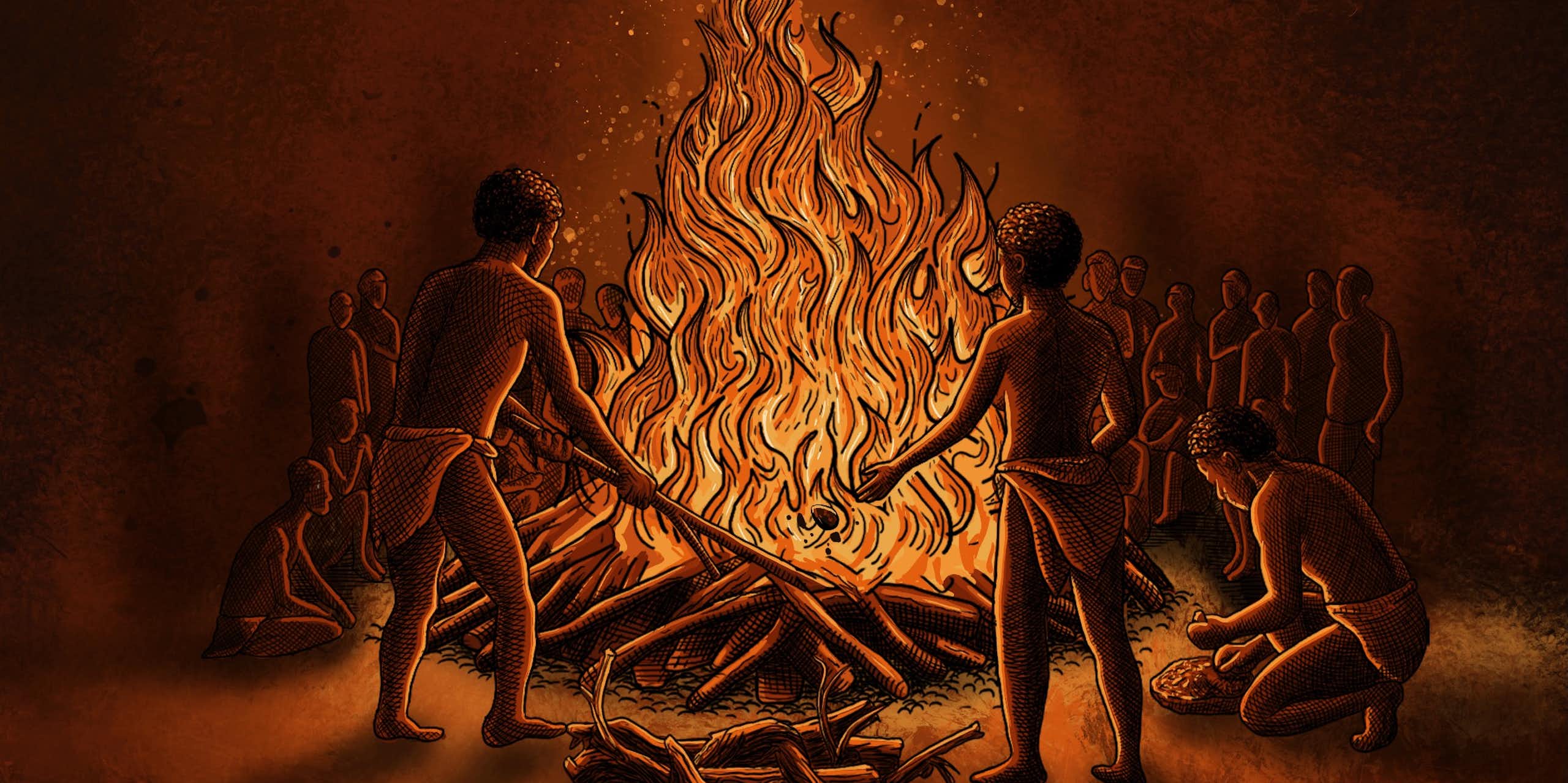Drawing of people standing around a very large bonfire