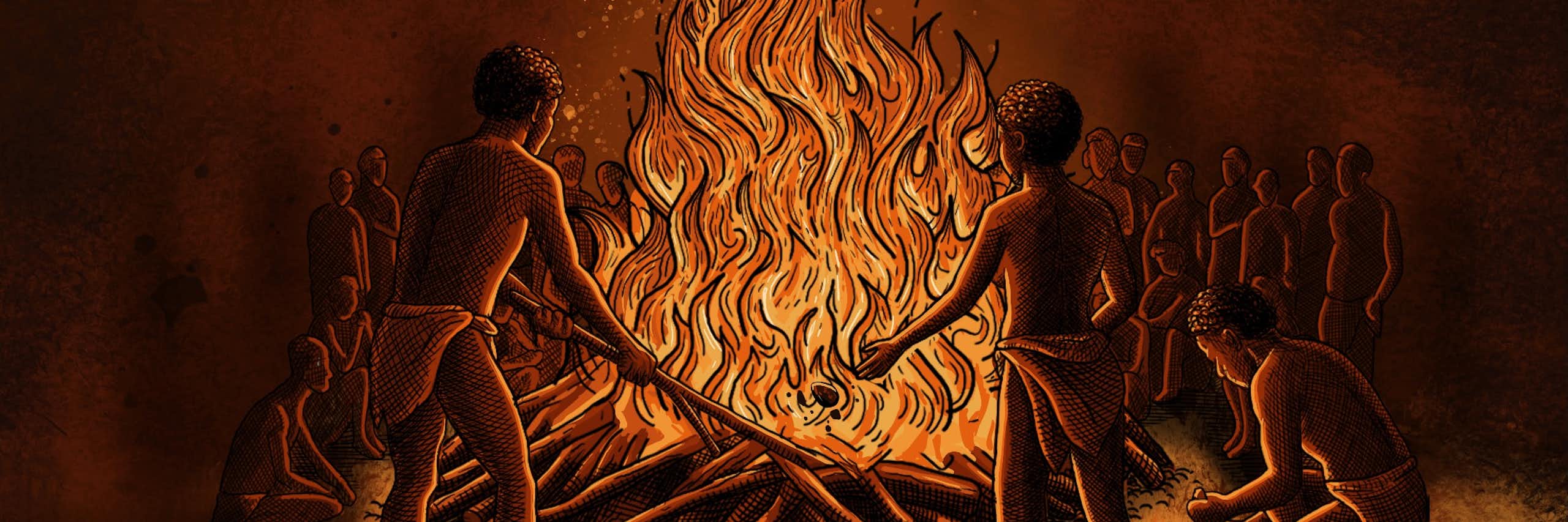Drawing of people standing around a very large bonfire