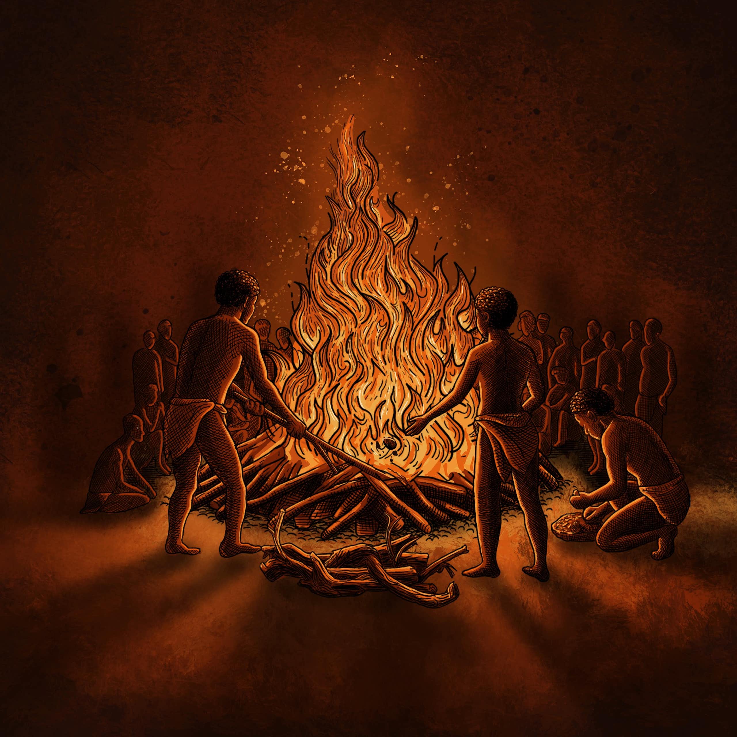 Drawing of people standing around a very large bonfire