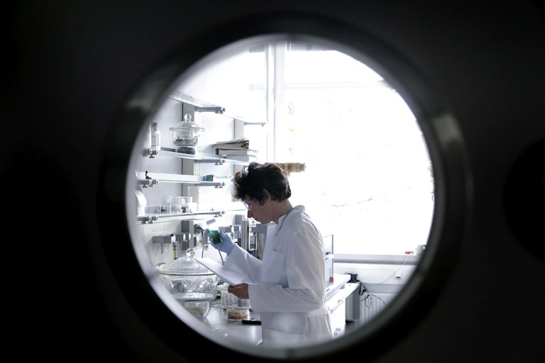 A porthole view of a scientist in a white coat in a lab.