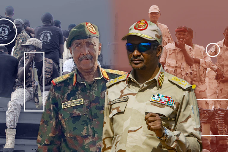 A composite of Sudanese generals Abdel Fattah al-Burhan and Mohamed Hamdan Dagalo and some of their respective soldiers