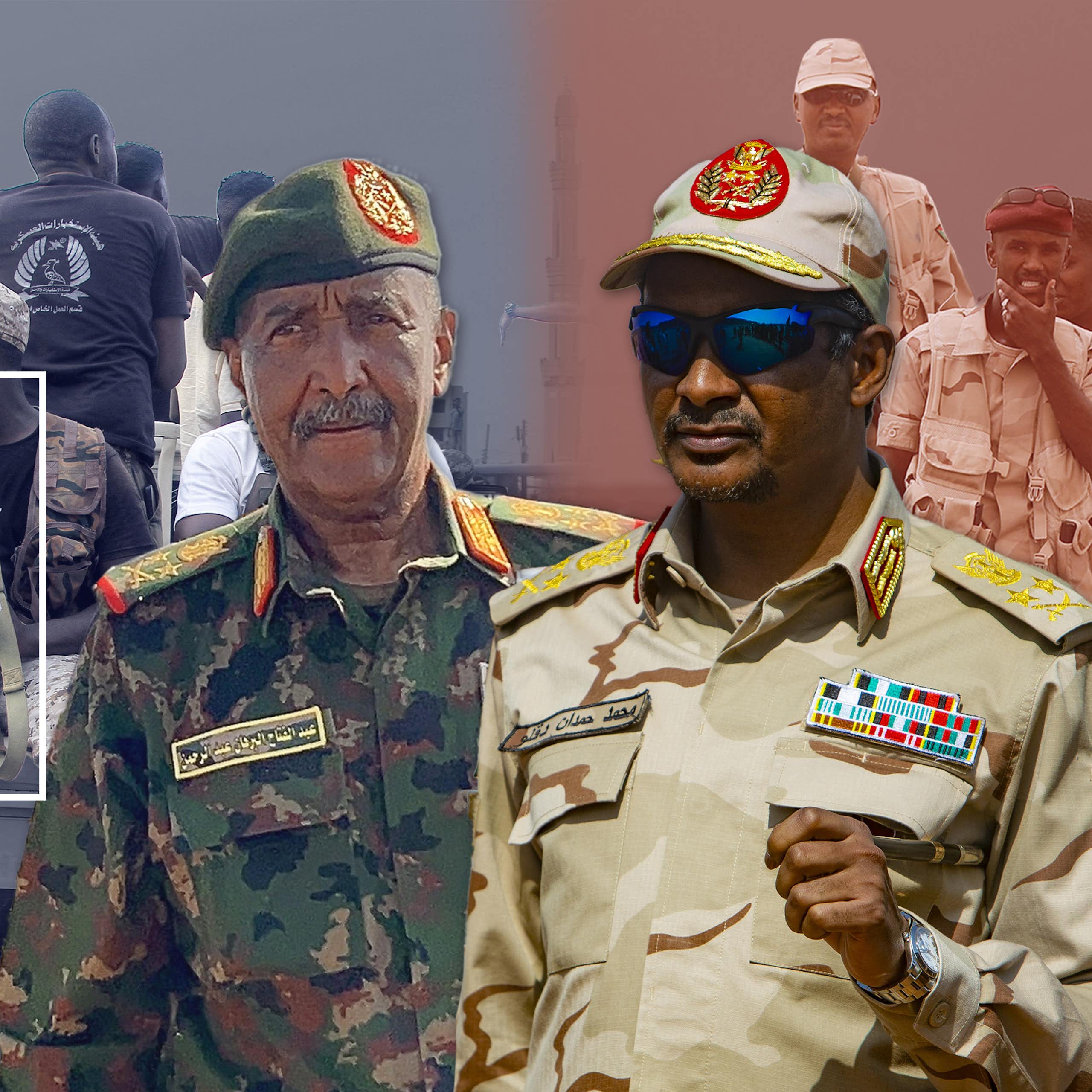 A composite of Sudanese generals Abdel Fattah al-Burhan and Mohamed Hamdan Dagalo and some of their respective soldiers