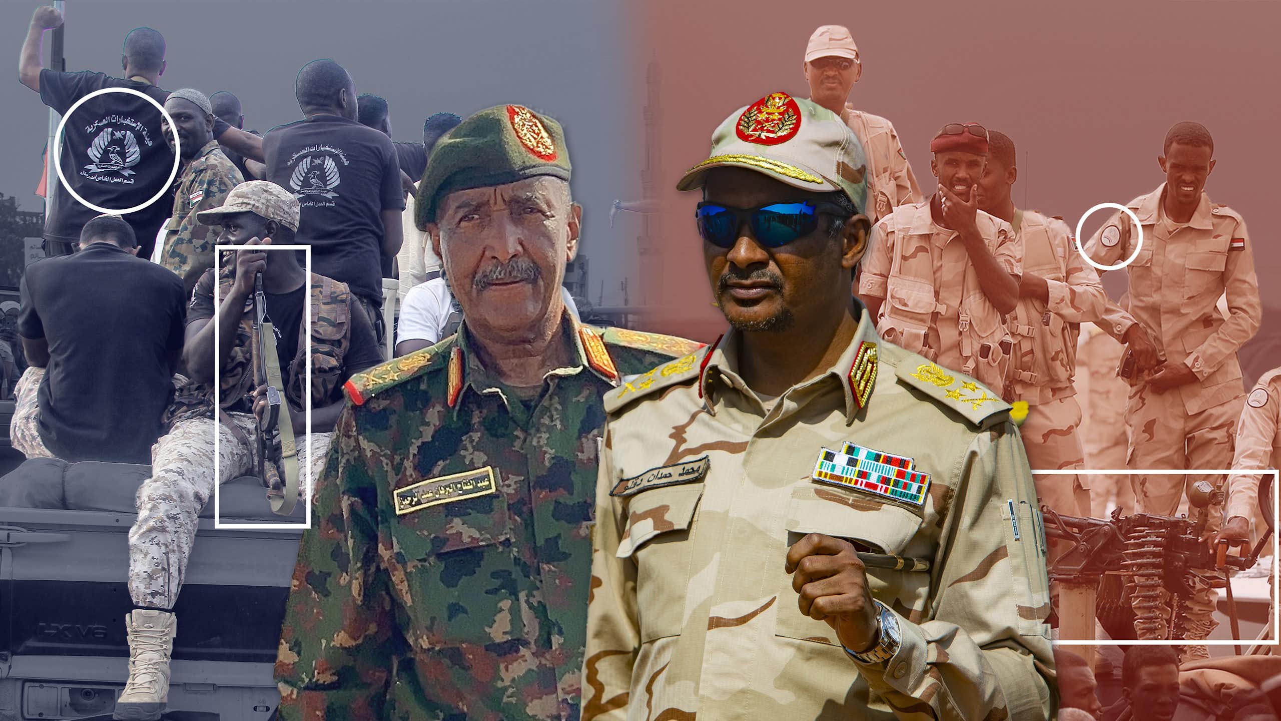A composite of Sudanese generals Abdel Fattah al-Burhan and Mohamed Hamdan Dagalo and some of their respective soldiers