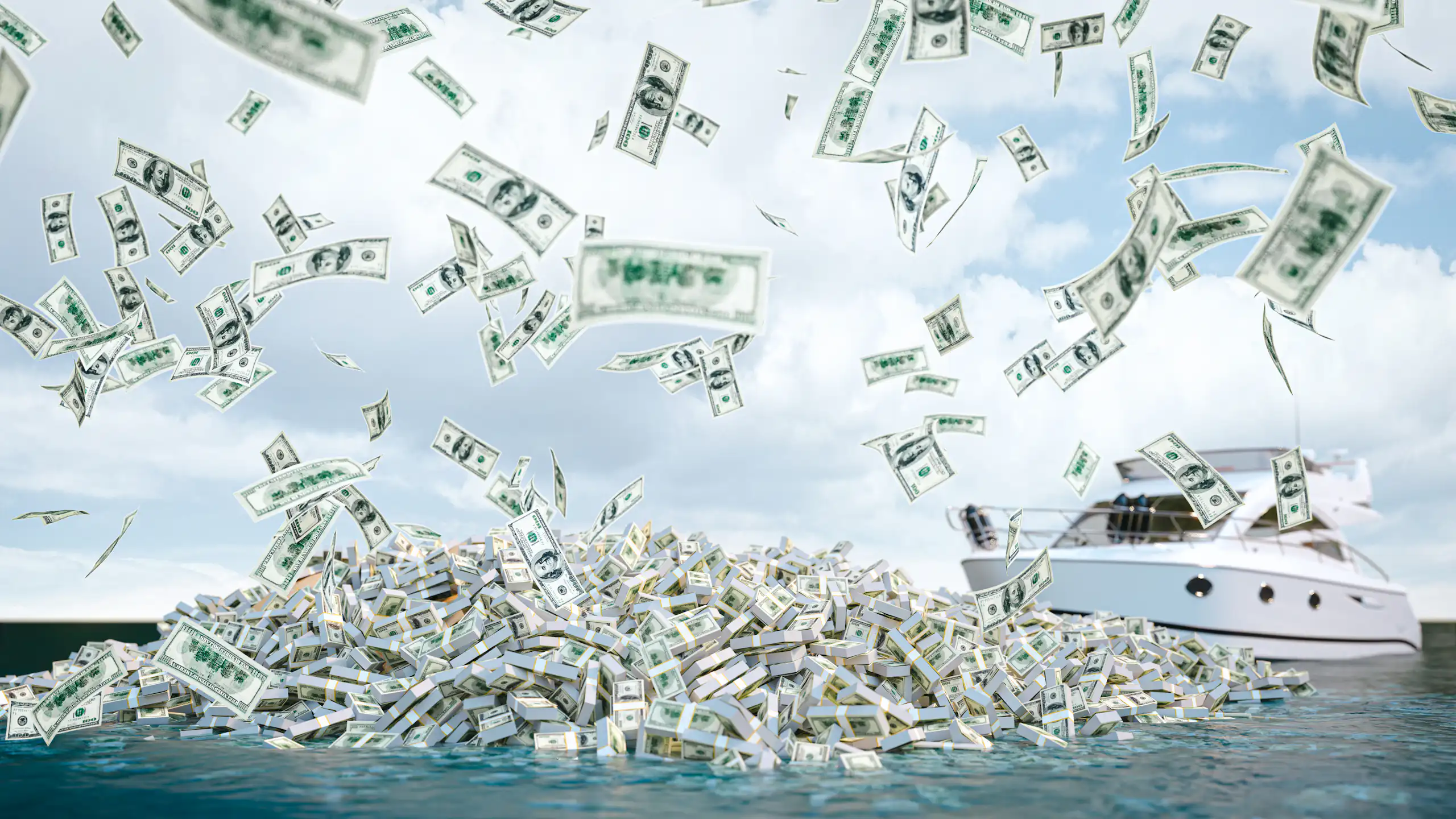 boat in the sea with island of dollars, money falling from the sky. 3d render