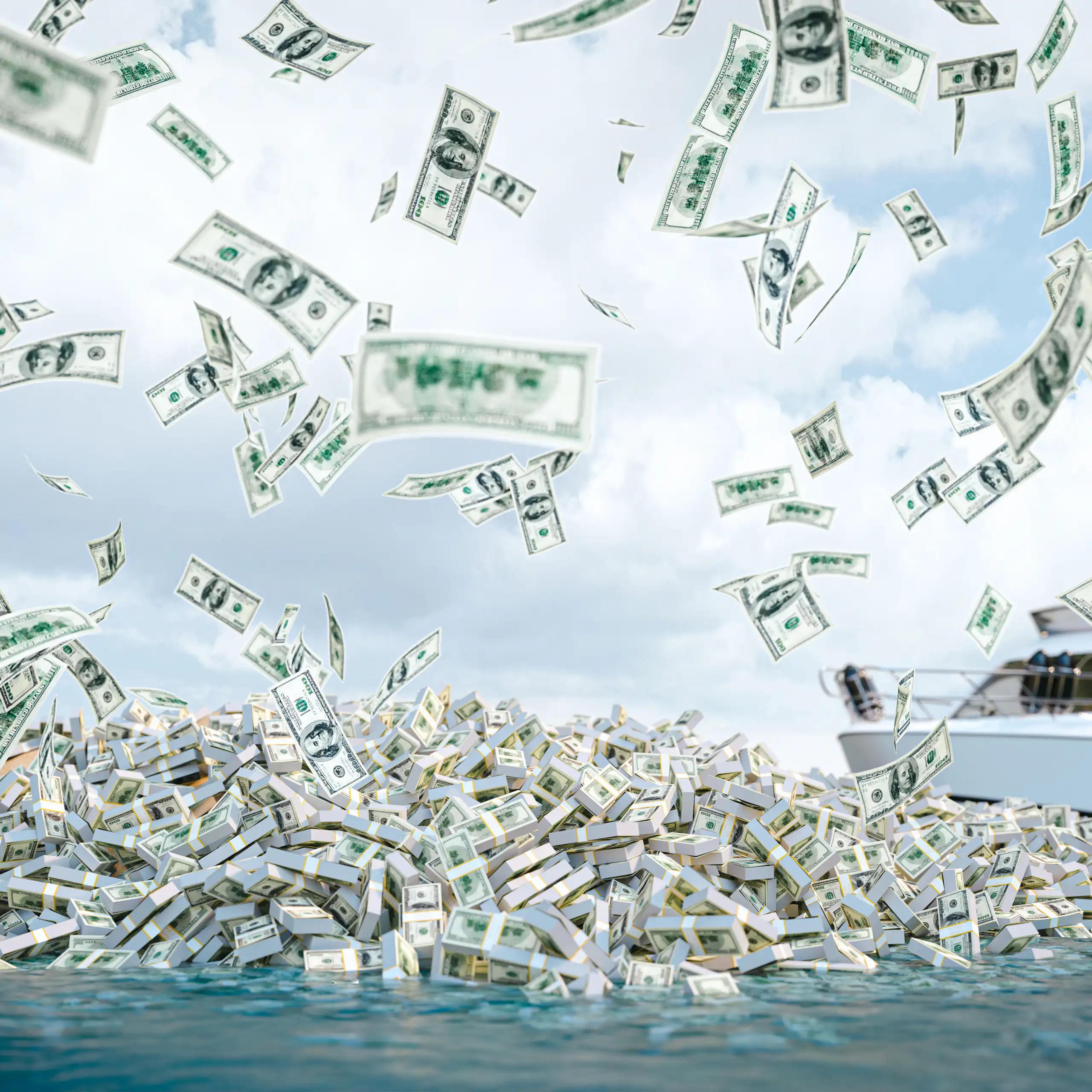 boat in the sea with island of dollars, money falling from the sky. 3d render