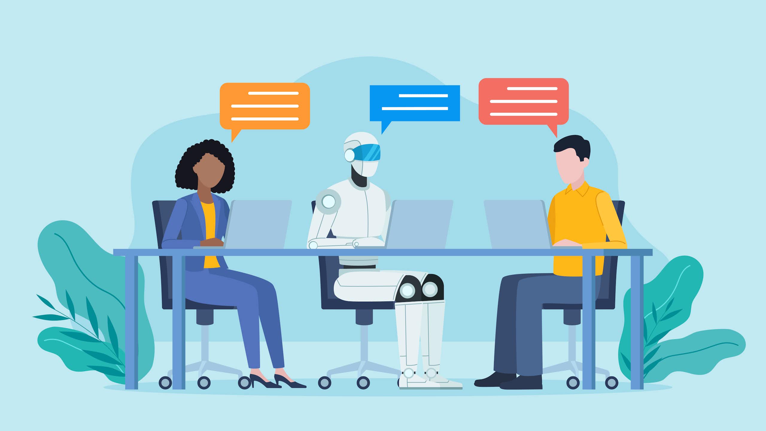 a cartoon illustration of a robot and two humans working on laptops together
