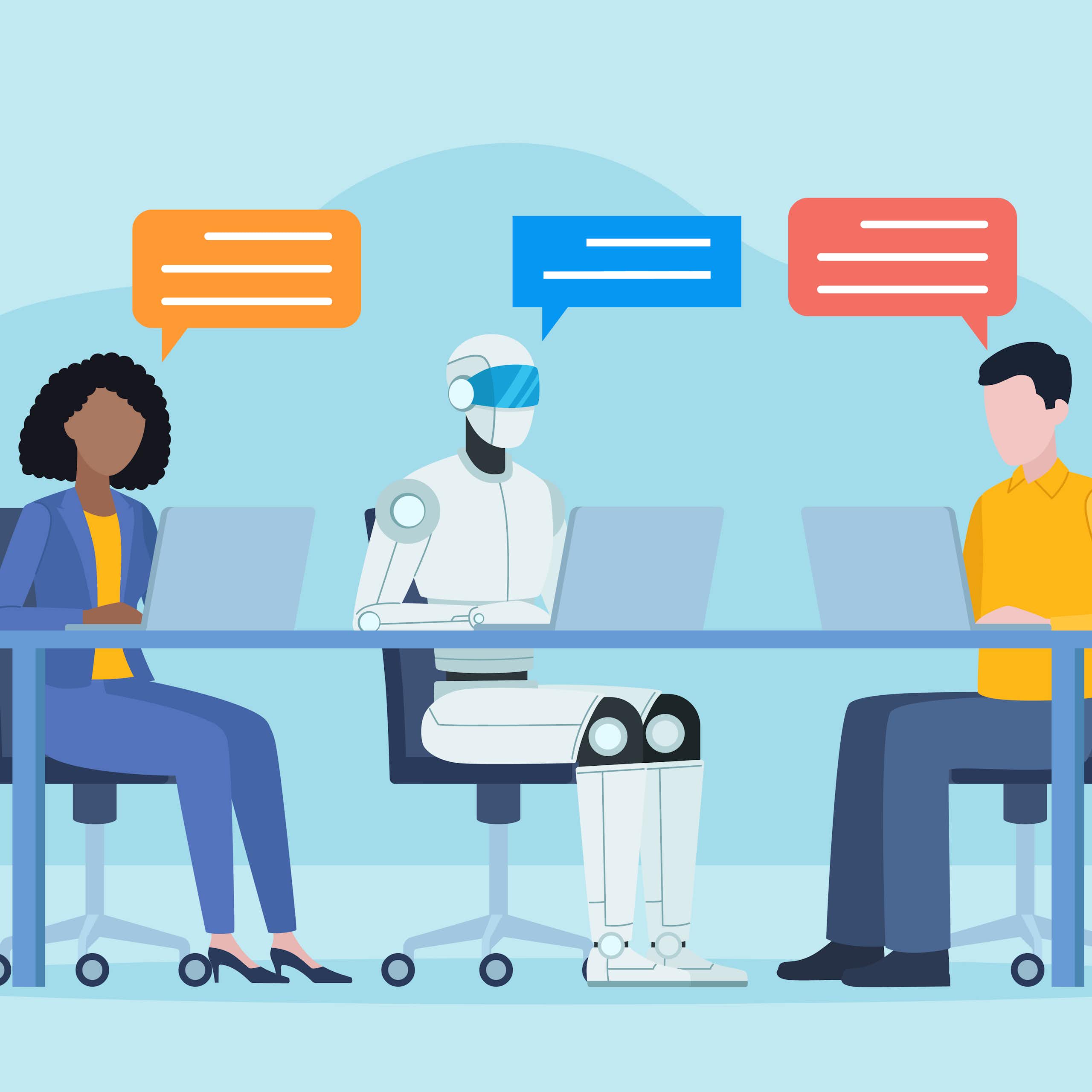 a cartoon illustration of a robot and two humans working on laptops together