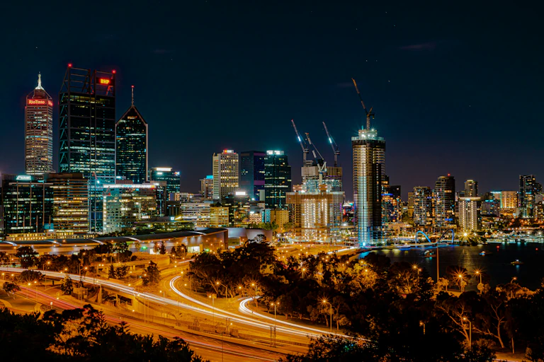 city skyline at night.