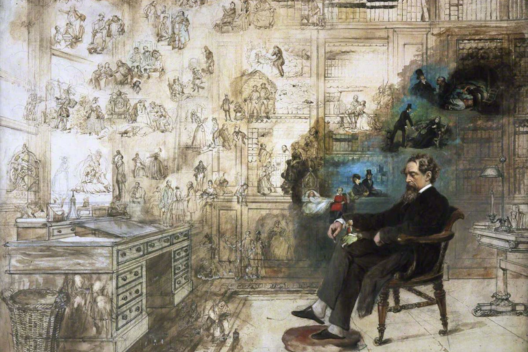 Painting of Dickens dreaming at his desk