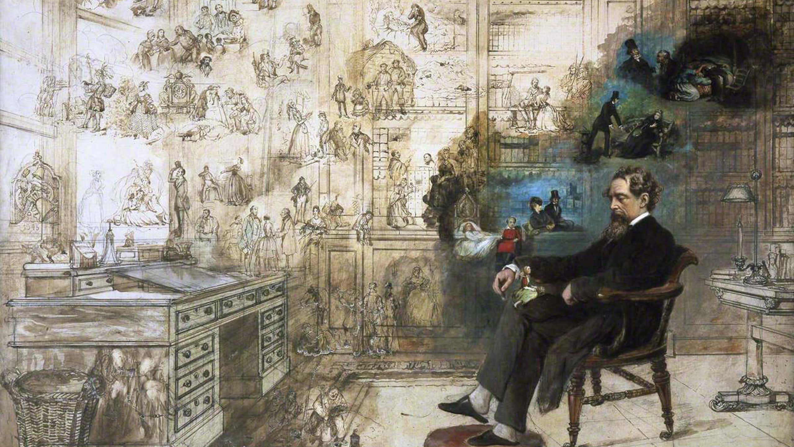Painting of Dickens dreaming at his desk